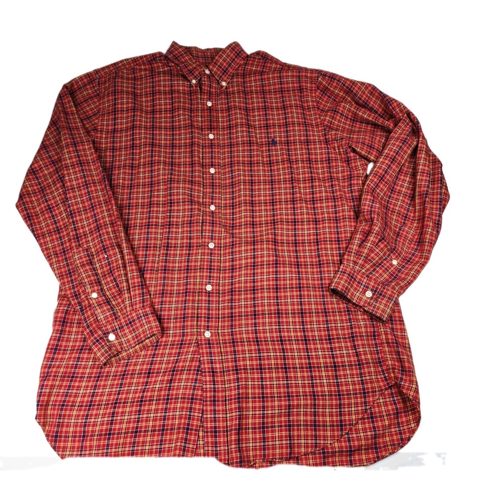 Ralph Lauren Vintage Plaid Button Down‎ Shirt Mens Large Tall LT Red Cotton Pony